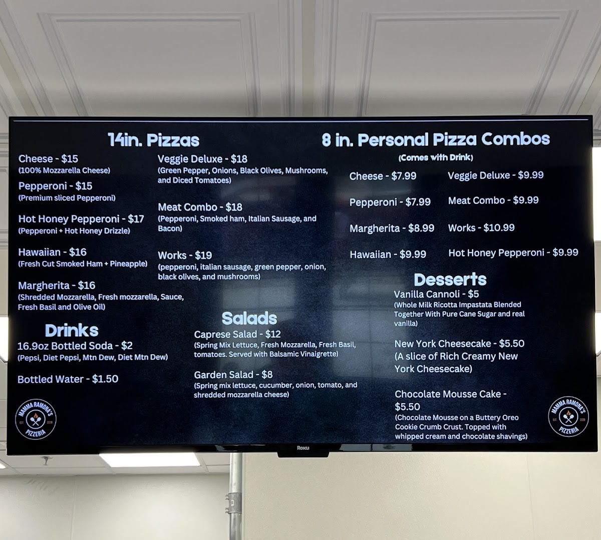 Mamma Ramona’s Pizzeria menu board