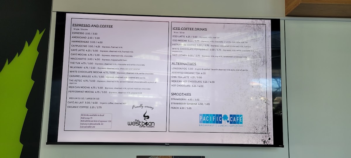 Pacific Cafe & Catering menu board