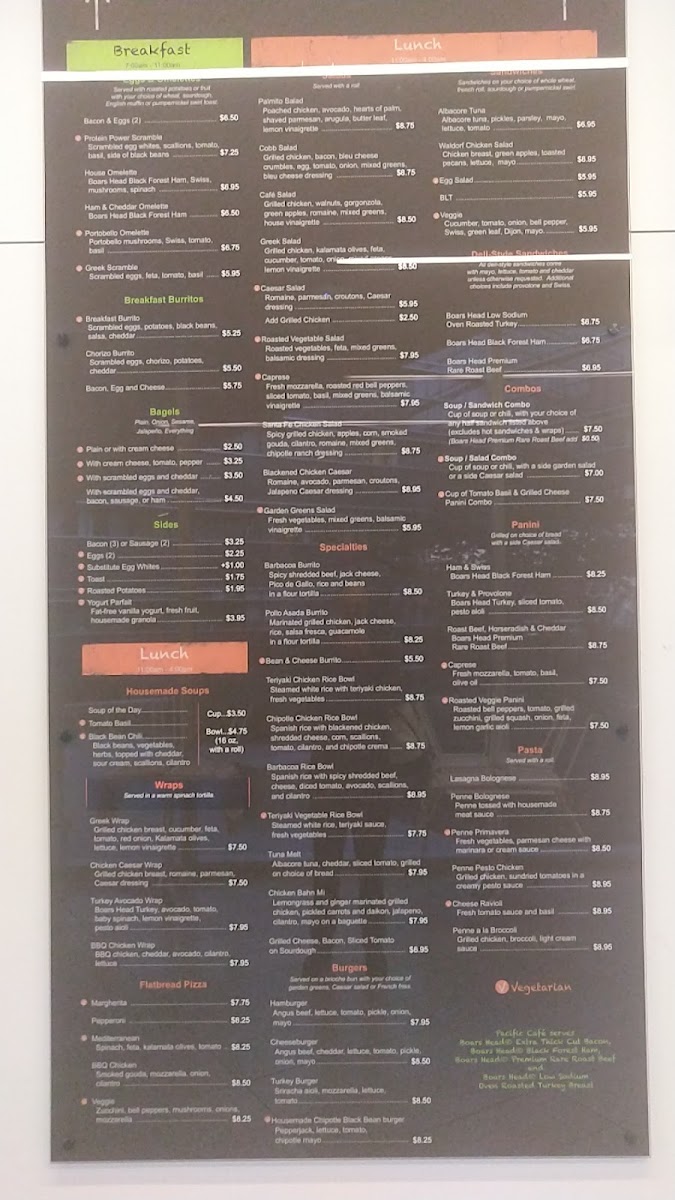 Pacific Cafe & Catering menu board