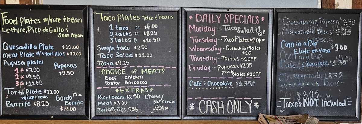 Jalisco Tacos menu board