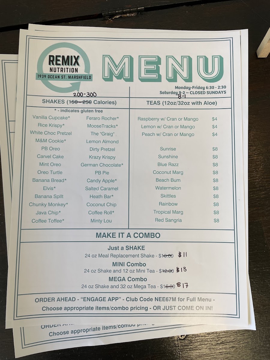 Remix Nutrition - shakes, teas, more menu board