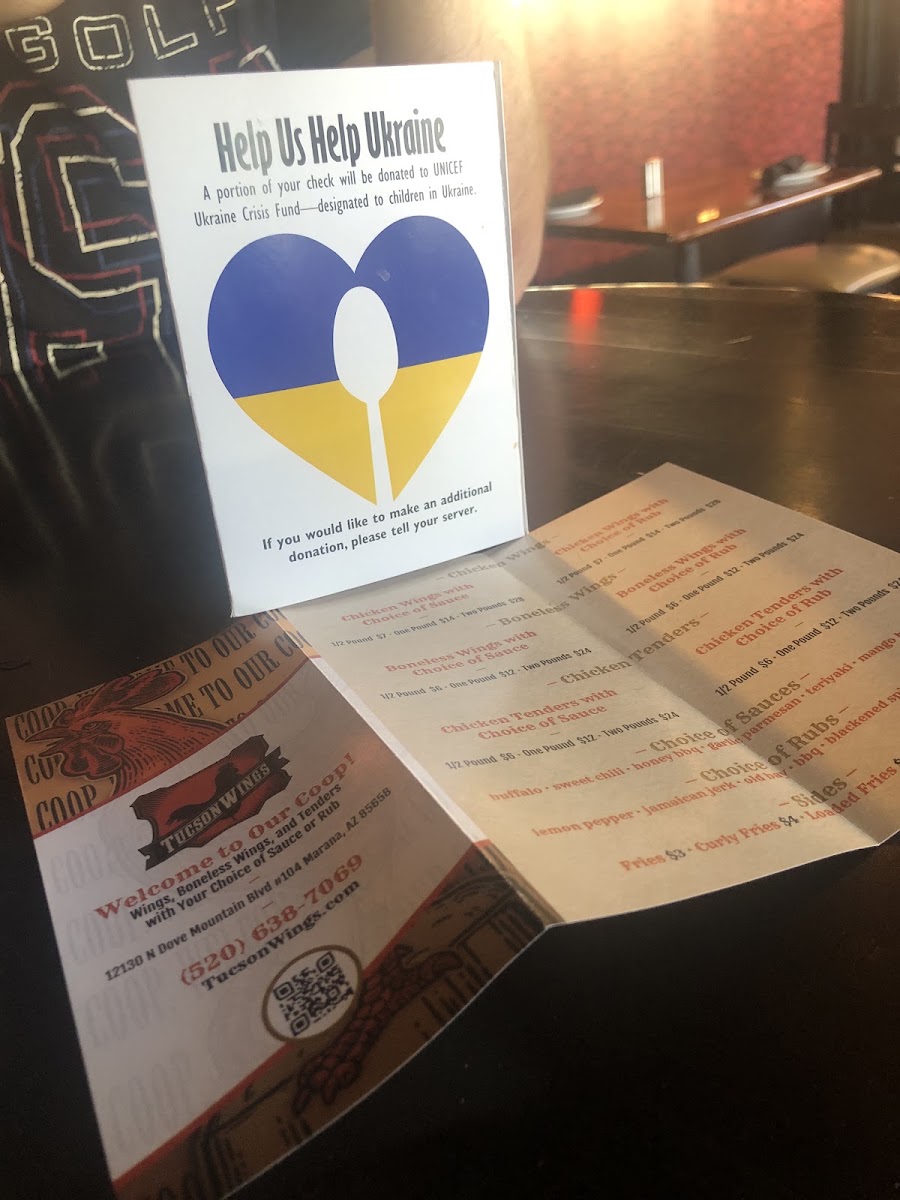 Tucson Wings menu board