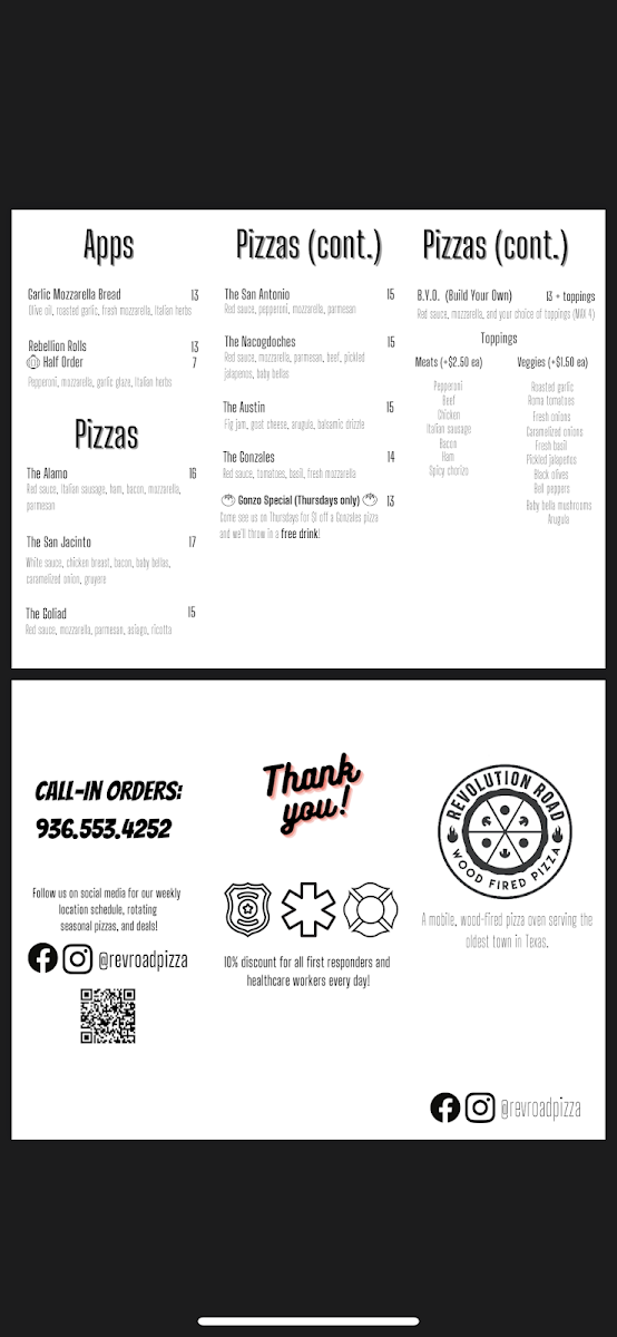 Revolution Road Pizza Co. (mobile food trailer) menu board