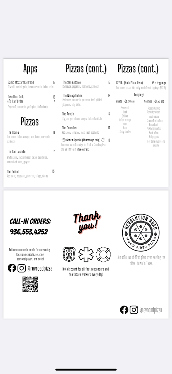 Revolution Road Pizza Co. (mobile food trailer) menu board
