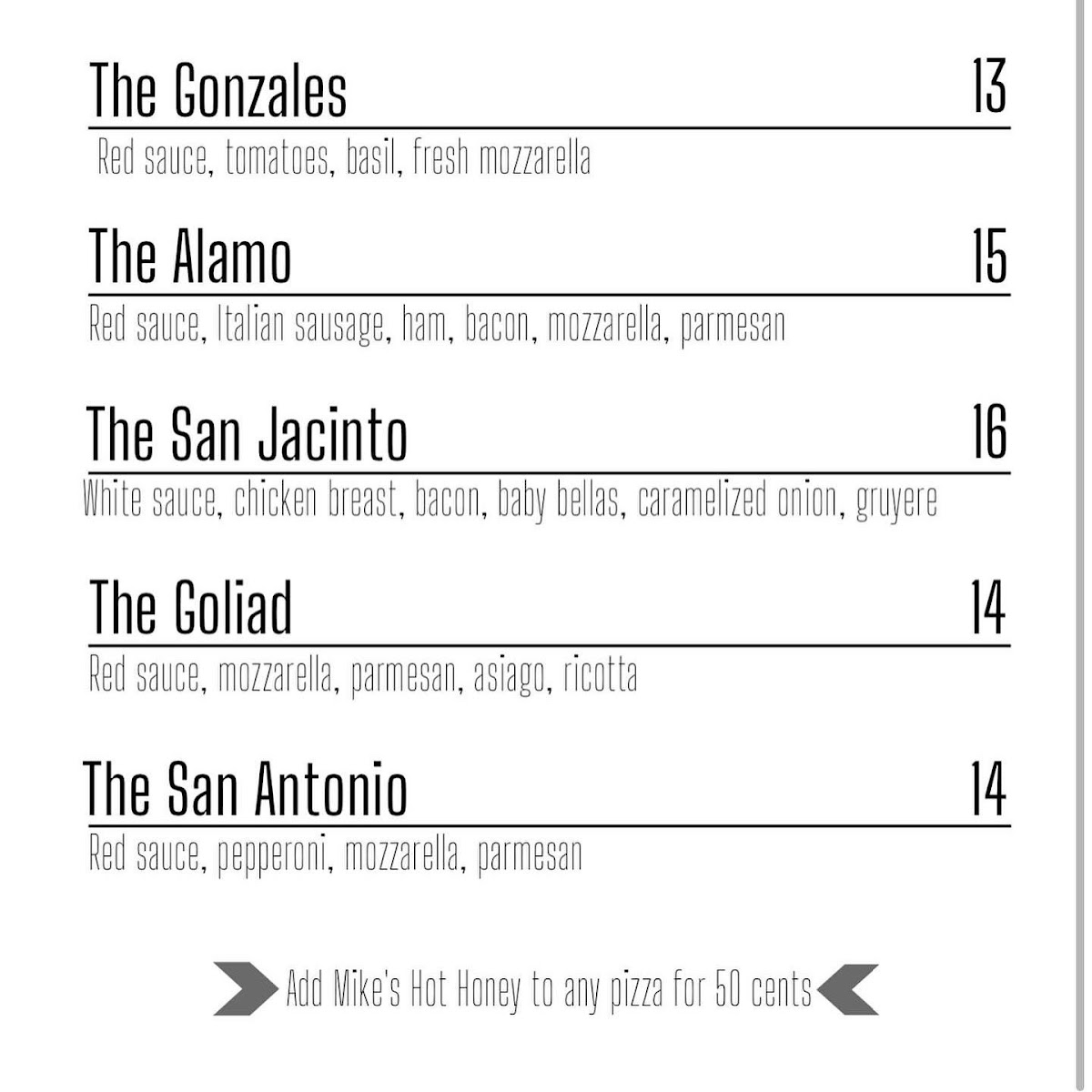 Revolution Road Pizza Co. (mobile food trailer) menu board