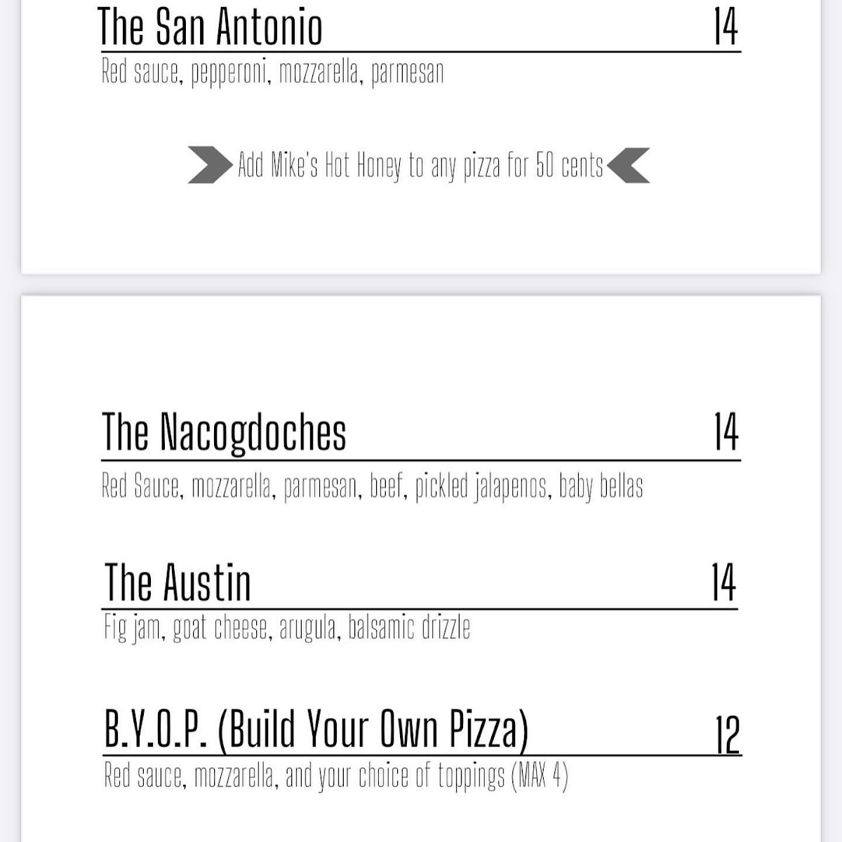 Revolution Road Pizza Co. (mobile food trailer) menu board