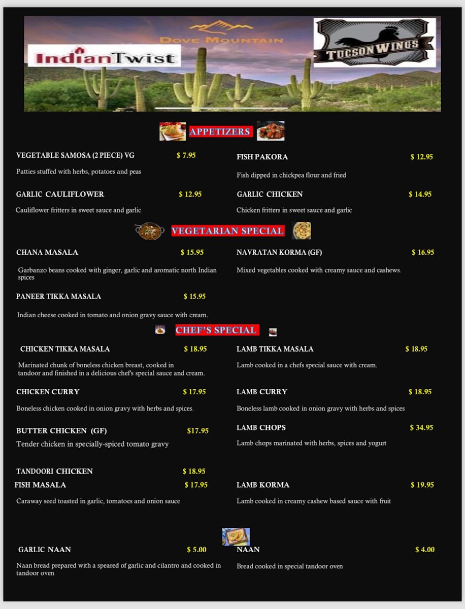 Indian twist dove mountain menu board
