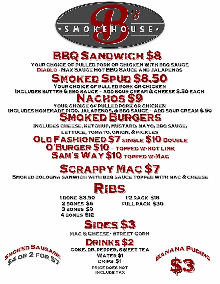 B's Smokehouse (food truck - check Facebook for location and dates) menu board