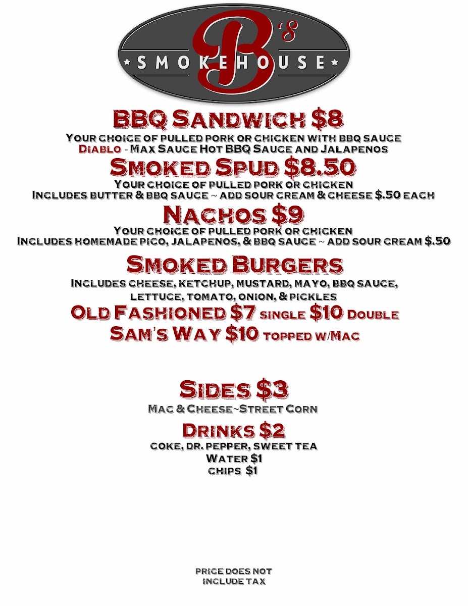 B's Smokehouse (food truck - check Facebook for location and dates) menu board
