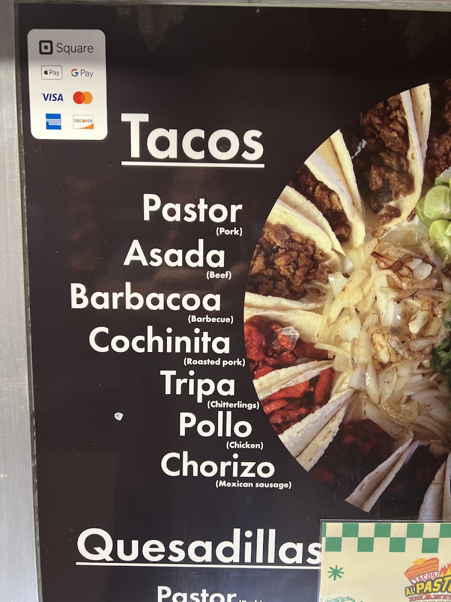 Tacos Al Pastor Dianita menu board