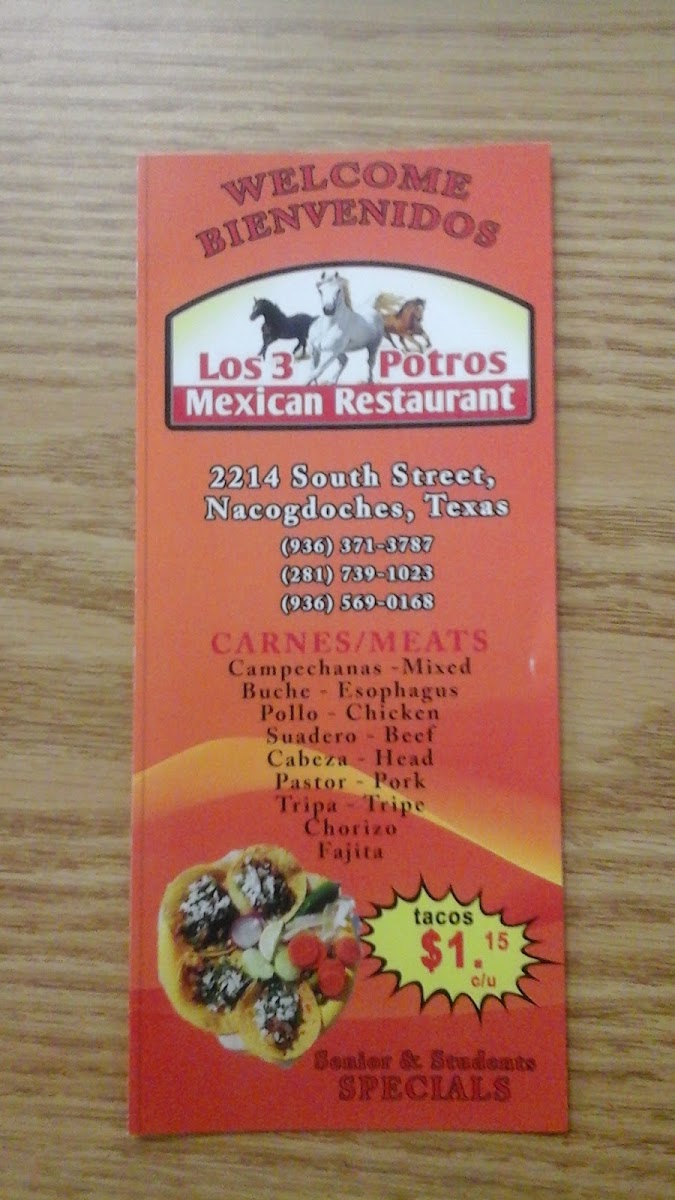 Los 3 Potros Mexican Restaurant menu board