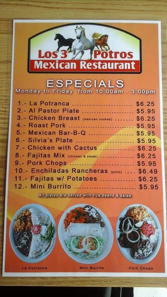 Los 3 Potros Mexican Restaurant menu board
