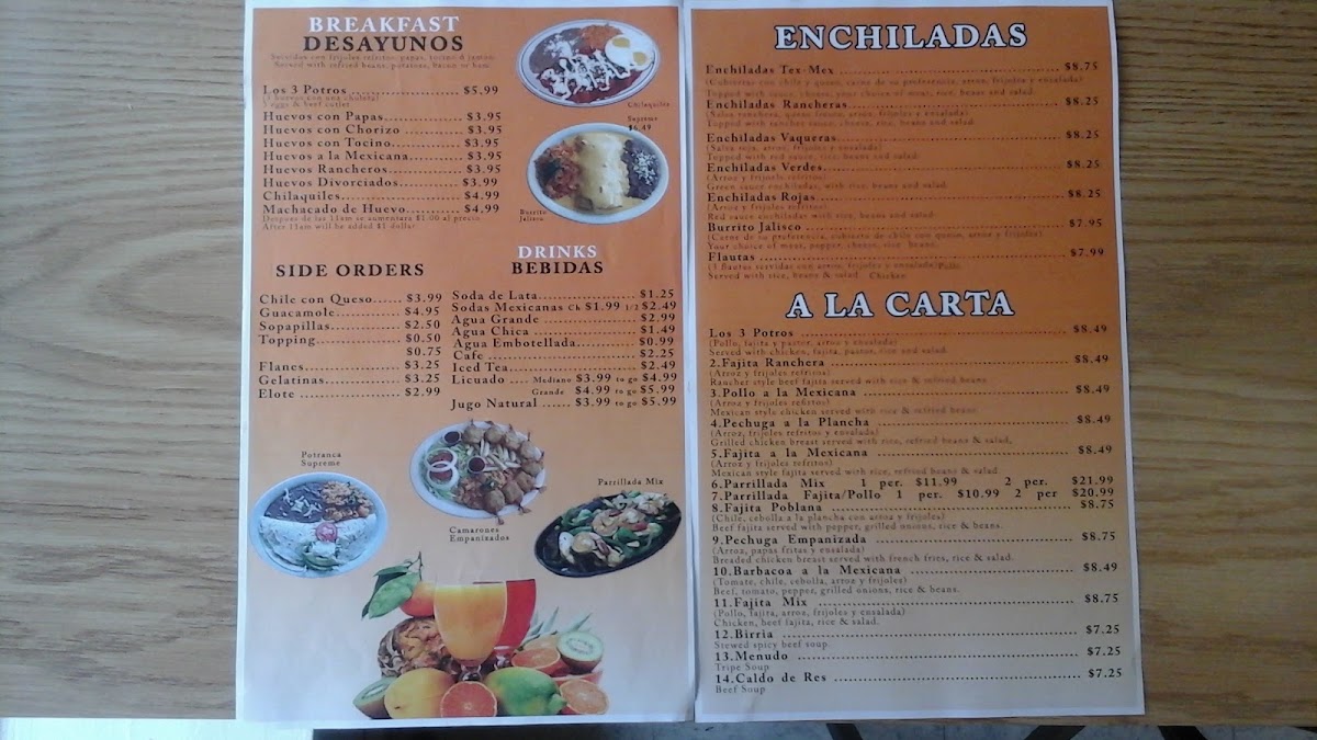Los 3 Potros Mexican Restaurant menu board
