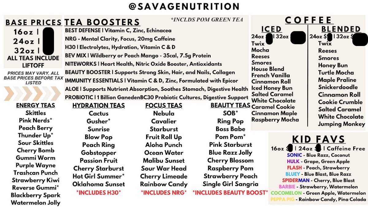 Savage Nutrition menu board