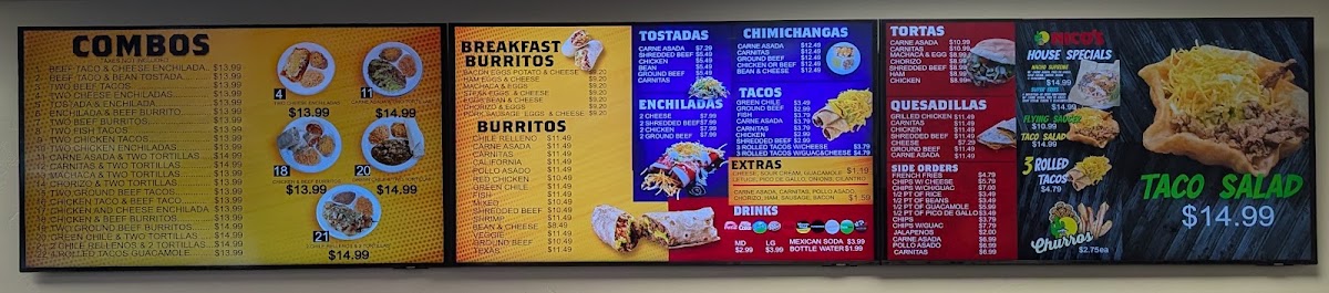 Nico's Taco Shop menu board