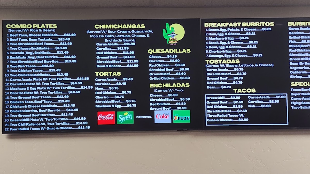 Nico's Taco Shop menu board