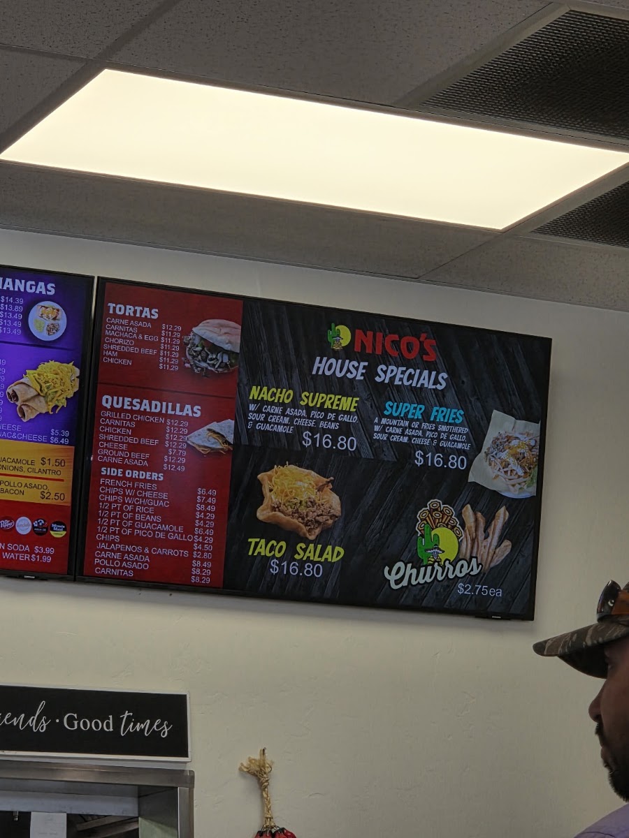 Nico's Taco Shop menu board