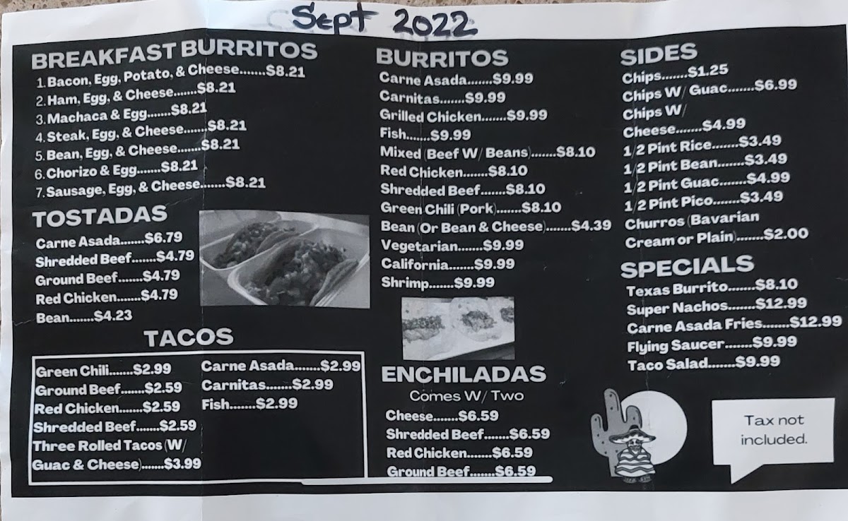 Nico's Taco Shop menu board