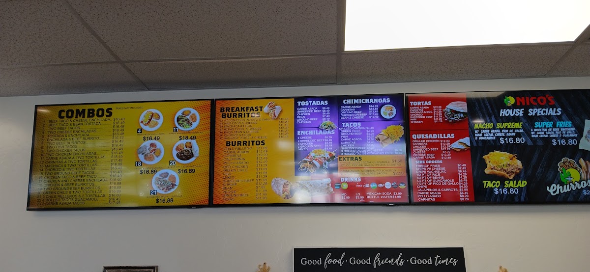Nico's Taco Shop menu board