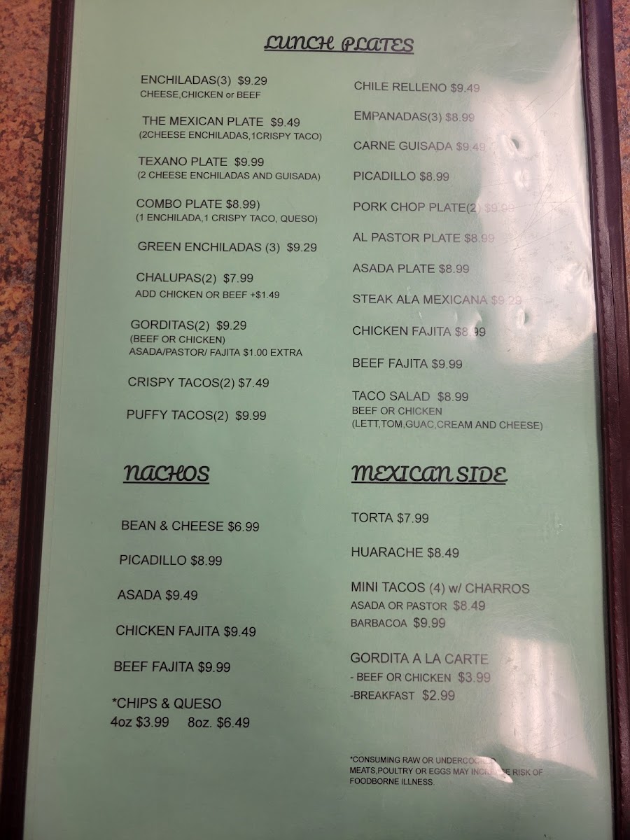 Los Jalapenos Mexican Restaurant menu board