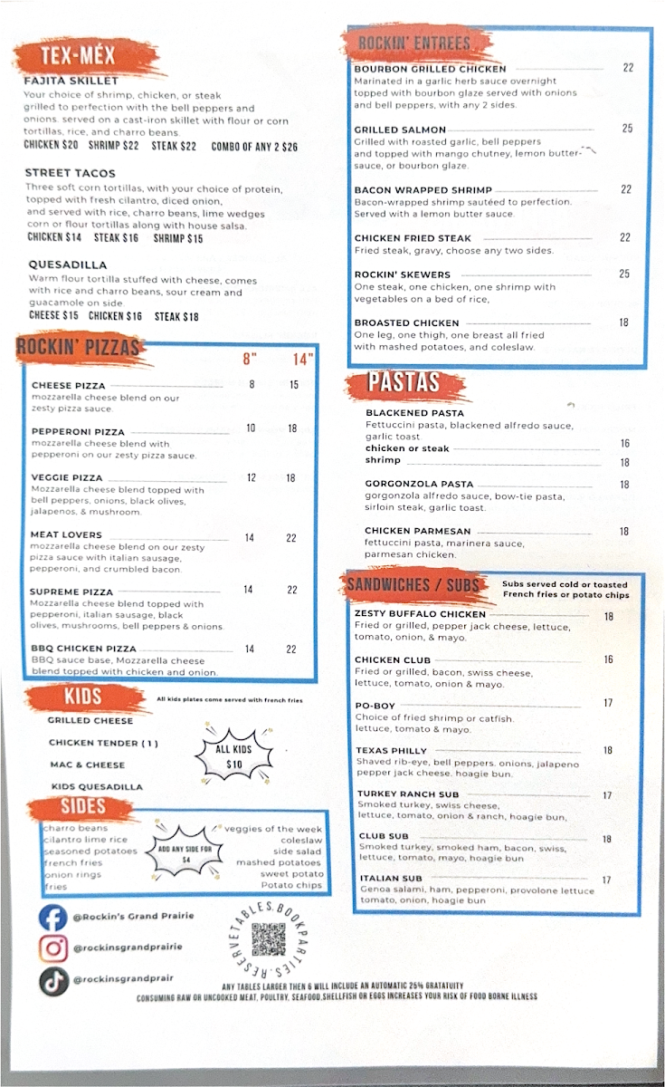 Rockin S Bar & Grill Grand Prairie menu board