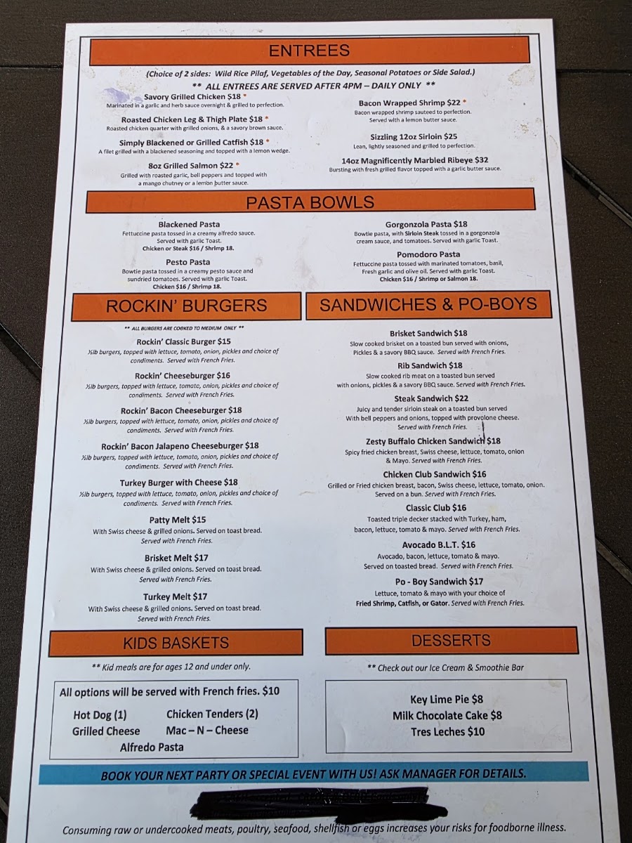 Rockin S Bar & Grill Grand Prairie menu board