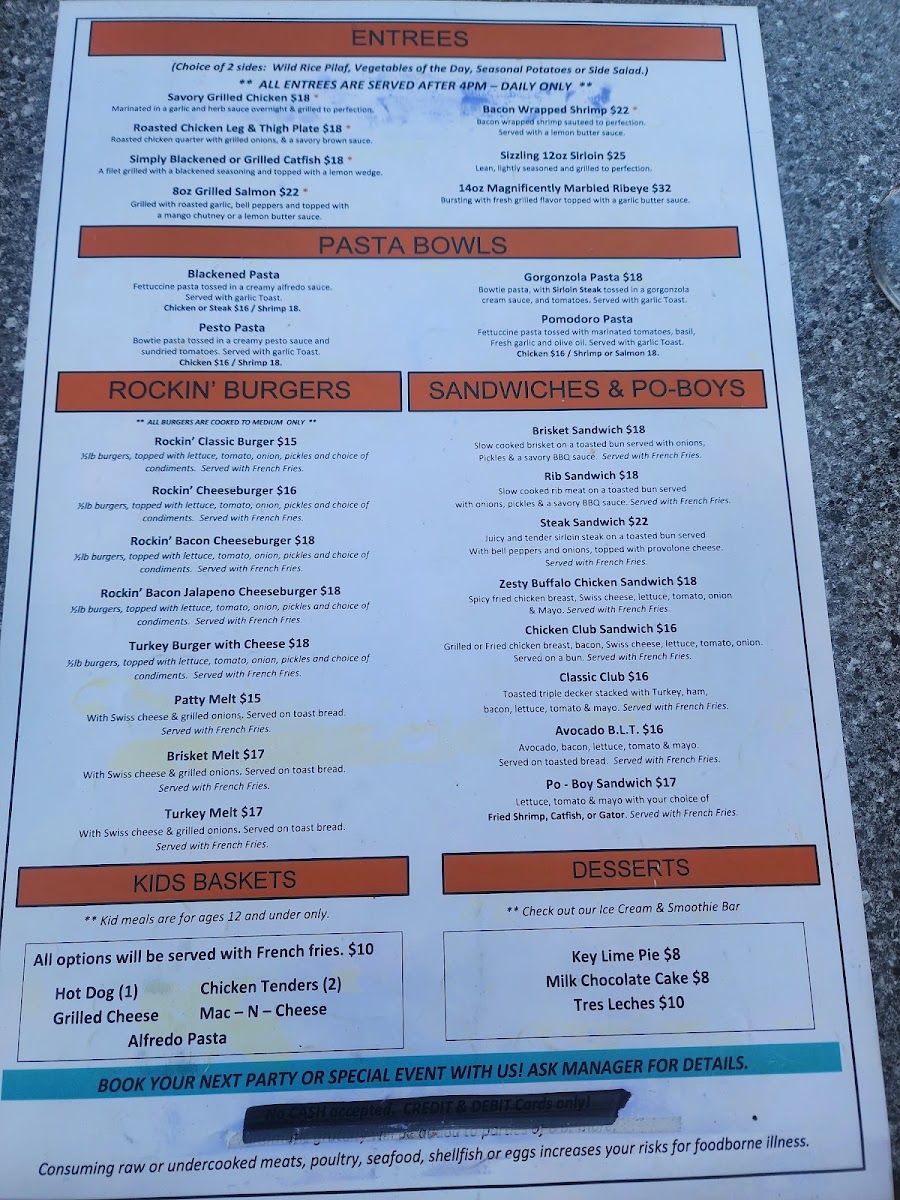 Rockin S Bar & Grill Grand Prairie menu board
