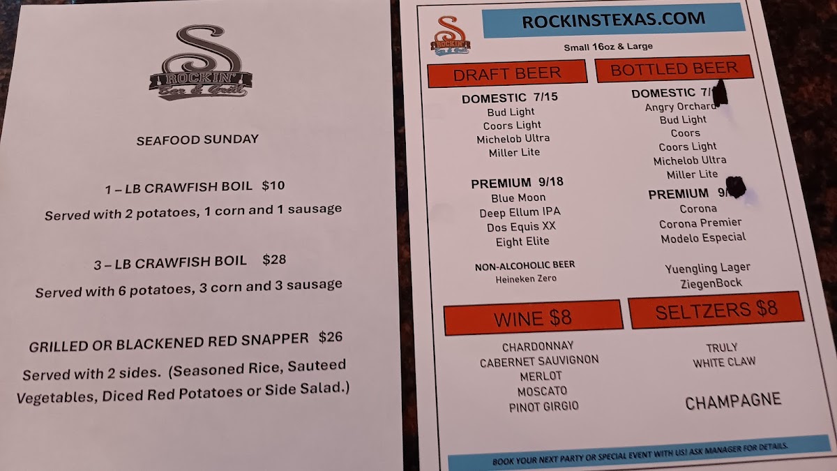 Rockin S Bar & Grill Grand Prairie menu board