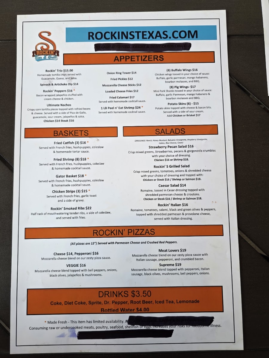 Rockin S Bar & Grill Grand Prairie menu board