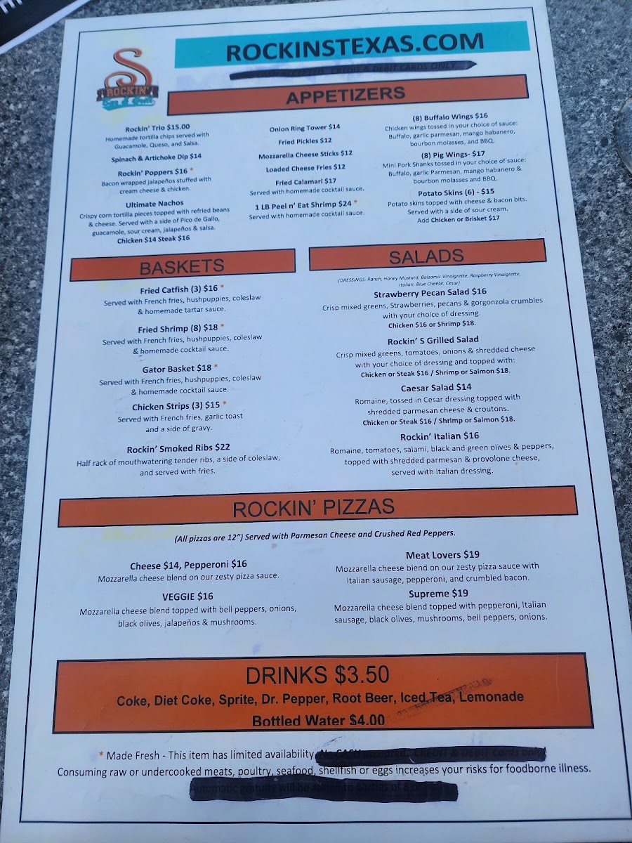 Rockin S Bar & Grill Grand Prairie menu board