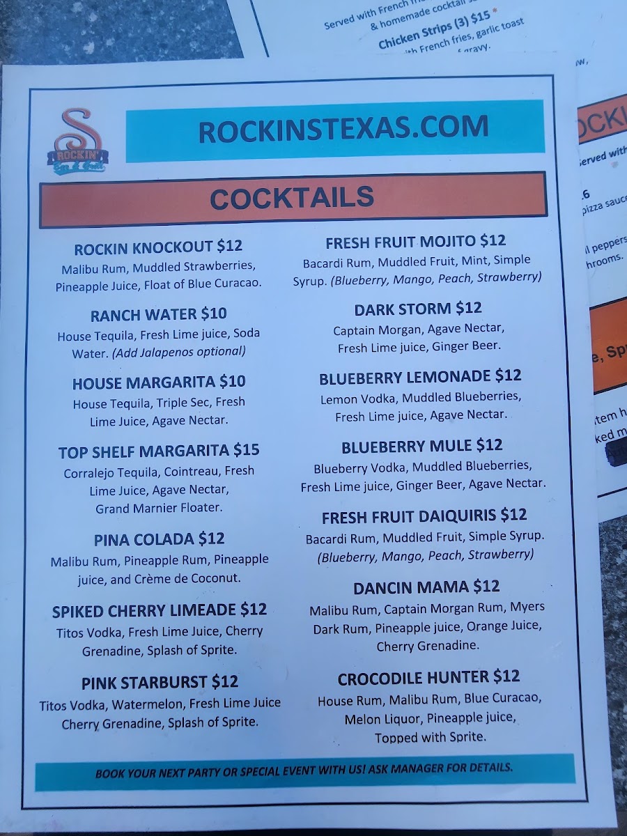Rockin S Bar & Grill Grand Prairie menu board