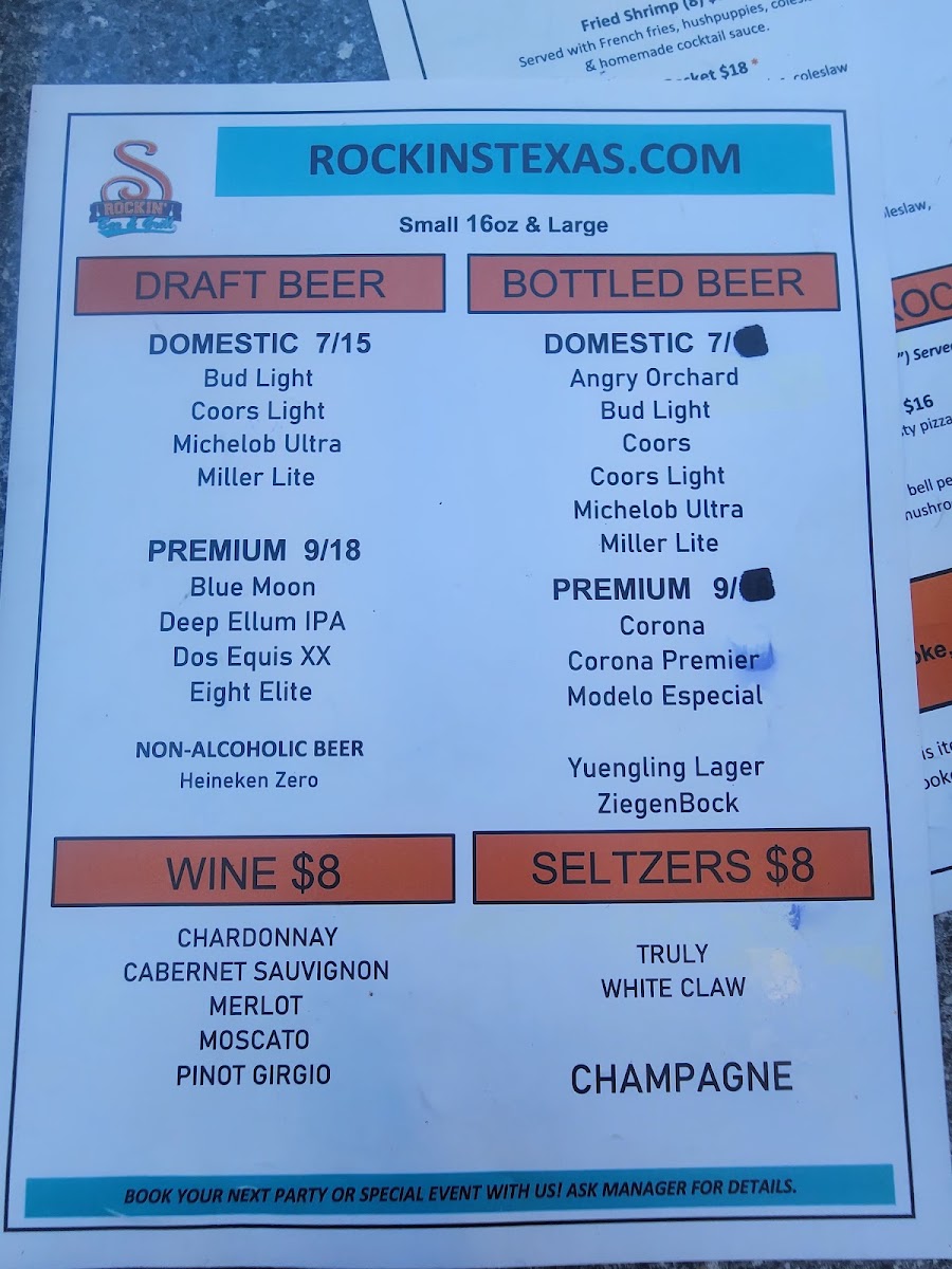 Rockin S Bar & Grill Grand Prairie menu board