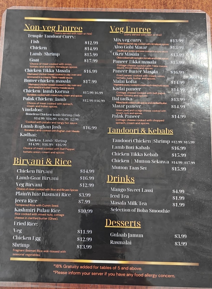 Temple Tandoor & Bar menu board
