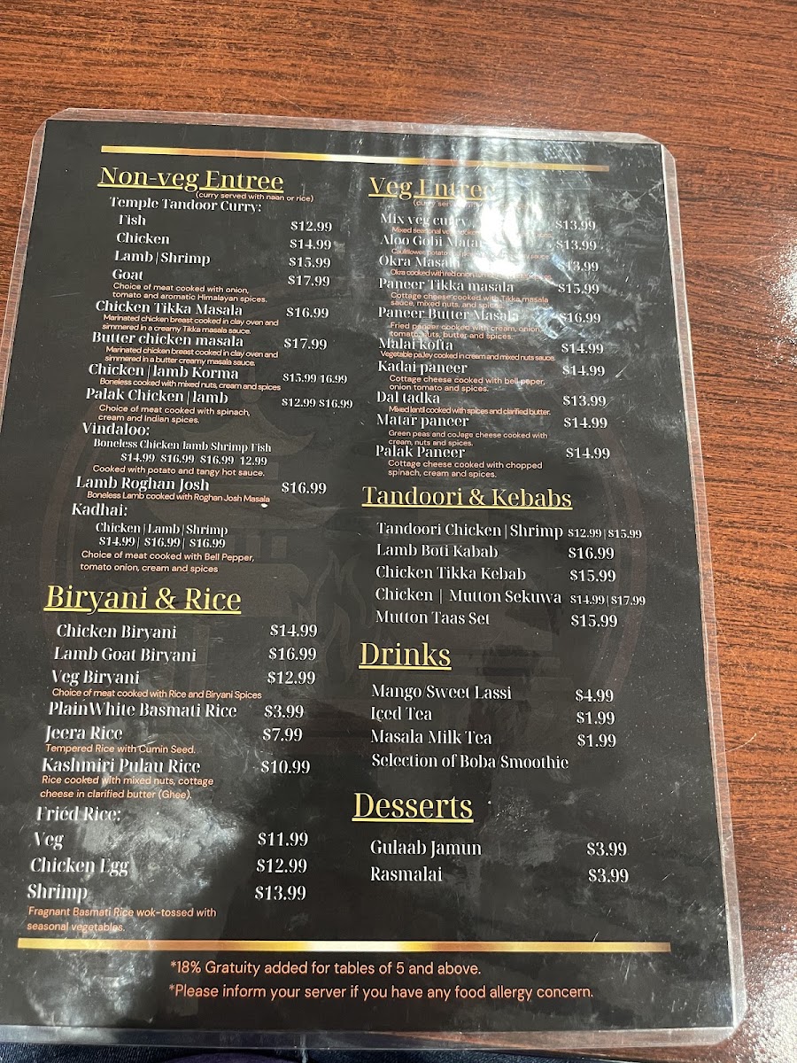 Temple Tandoor & Bar menu board