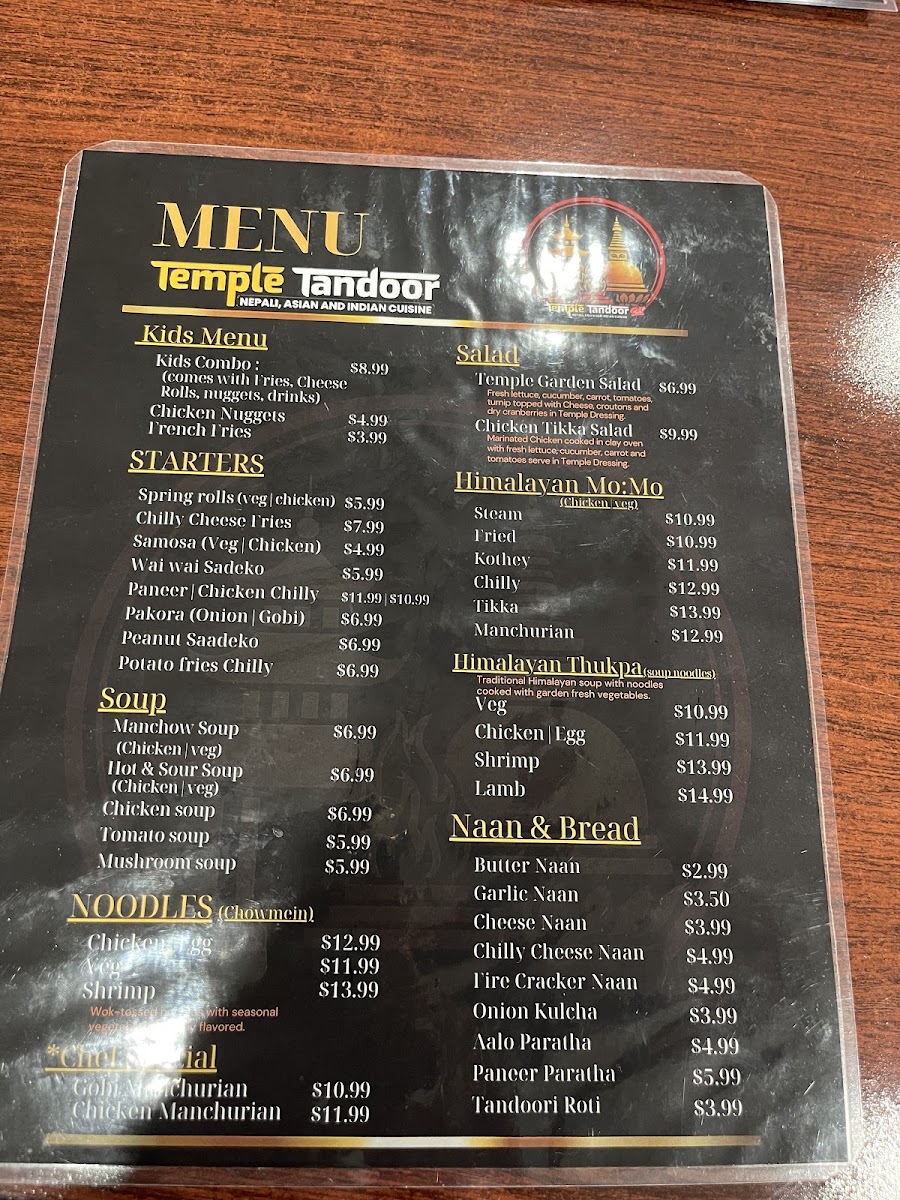 Temple Tandoor & Bar menu board