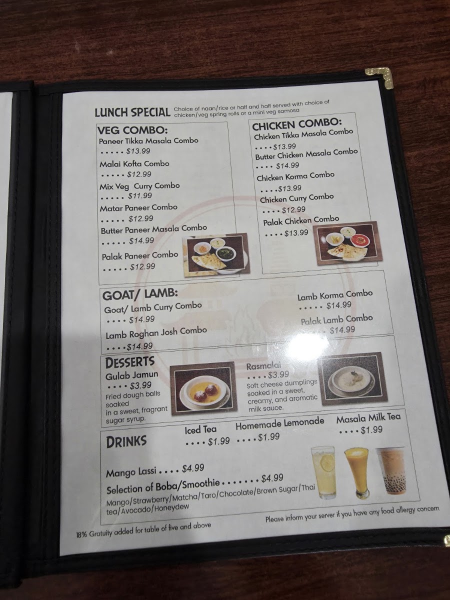 Temple Tandoor & Bar menu board
