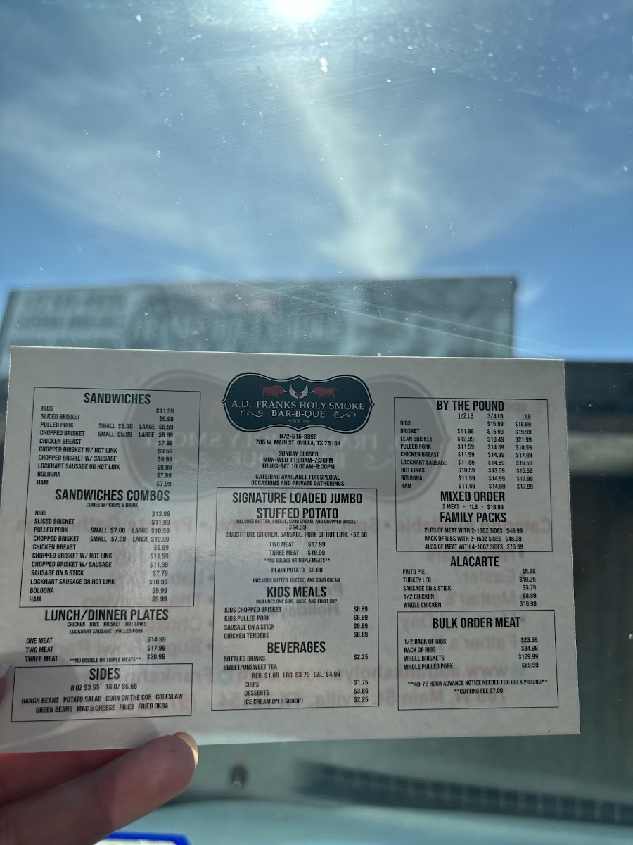 A. D. Franks Holy Smoke BBQ menu board