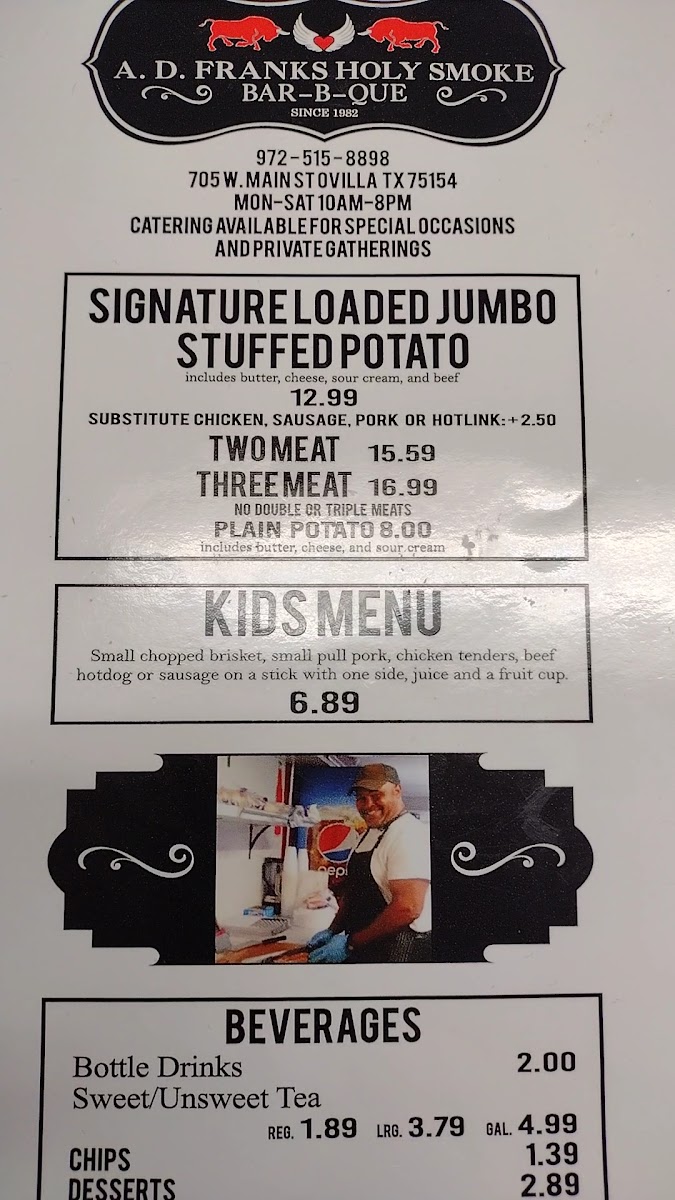 A. D. Franks Holy Smoke BBQ menu board