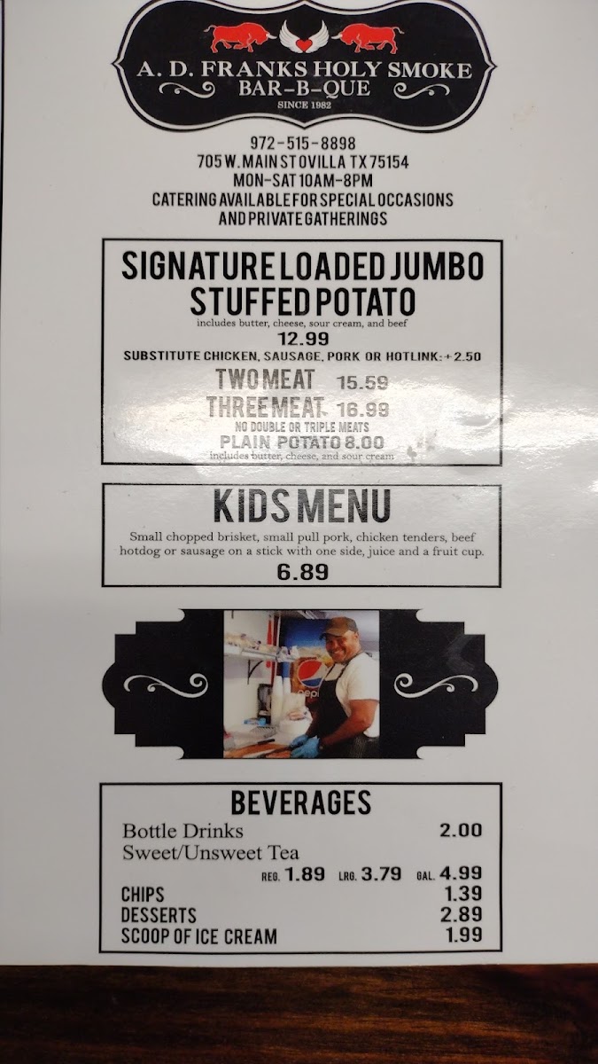 A. D. Franks Holy Smoke BBQ menu board