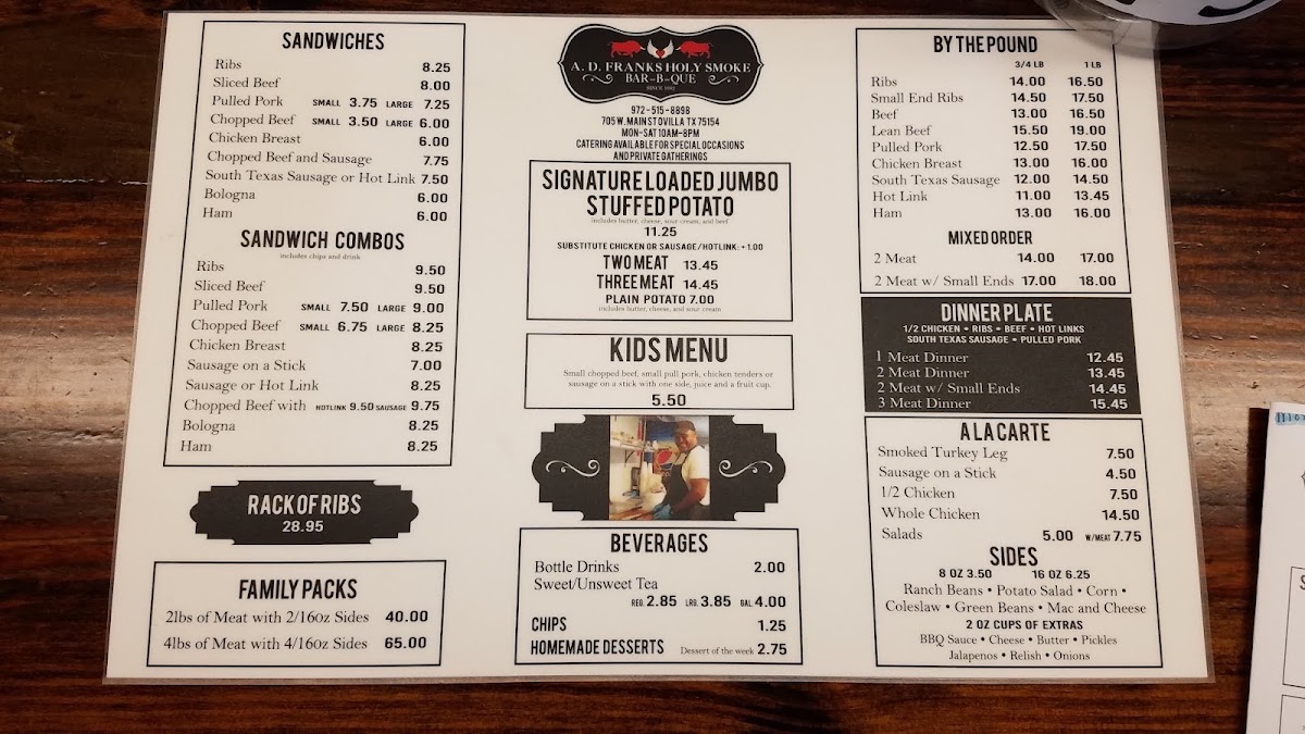 A. D. Franks Holy Smoke BBQ menu board
