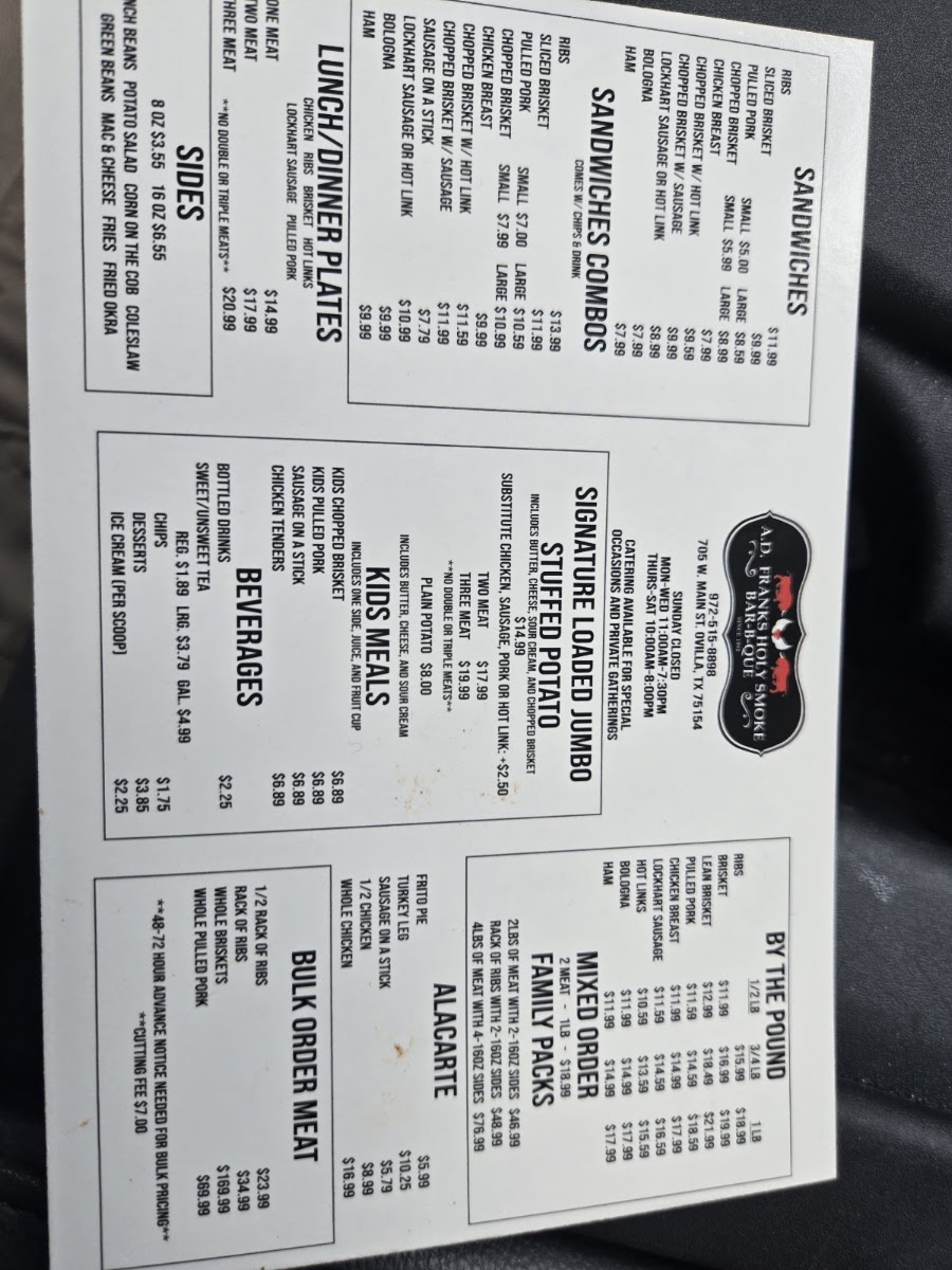 A. D. Franks Holy Smoke BBQ menu board