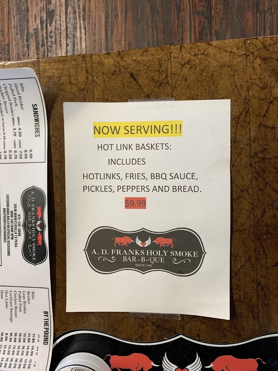 A. D. Franks Holy Smoke BBQ menu board