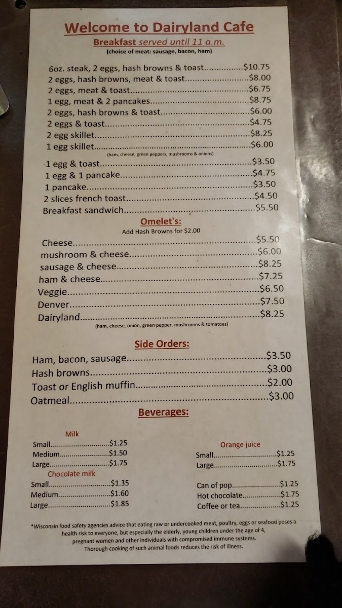 Dairyland Cafe menu board