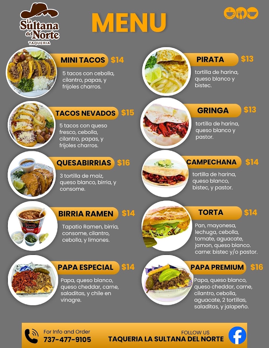 Taqueria La Sultana Del Norte menu board