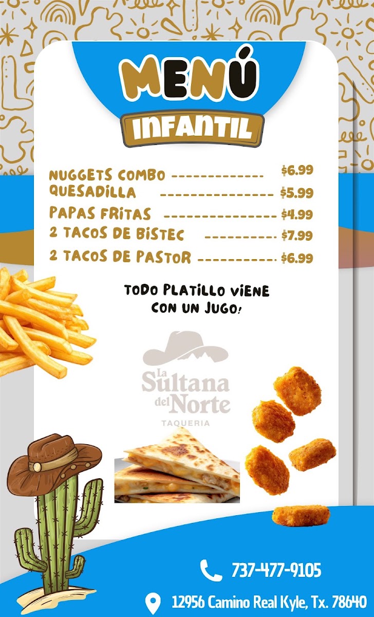 Taqueria La Sultana Del Norte menu board