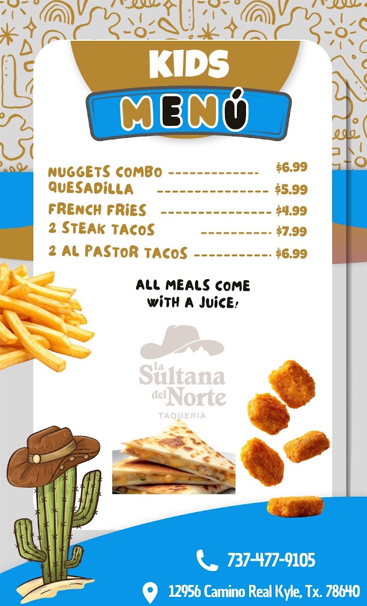 Taqueria La Sultana Del Norte menu board