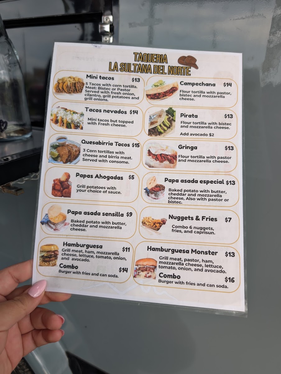 Taqueria La Sultana Del Norte menu board