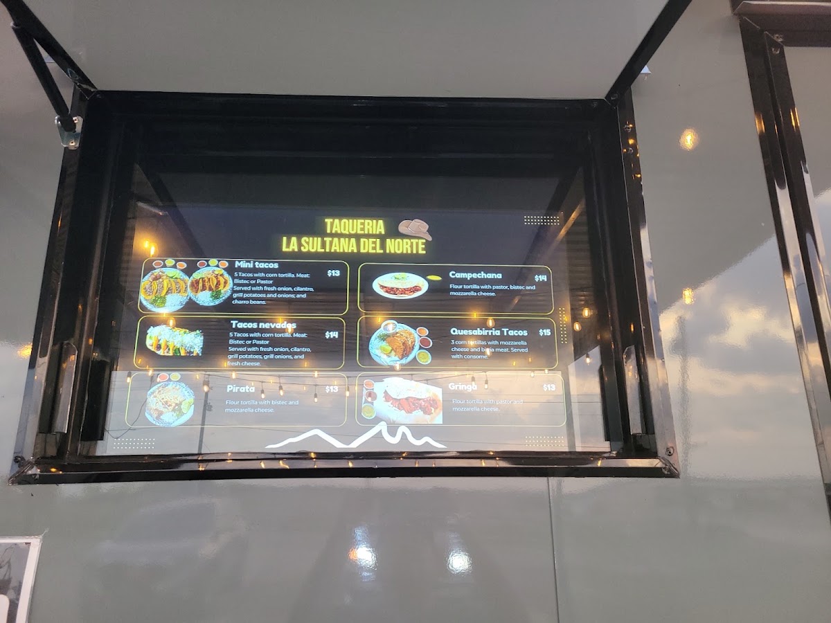 Taqueria La Sultana Del Norte menu board