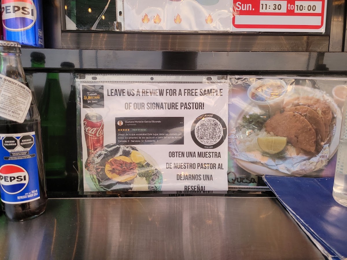 Taqueria La Sultana Del Norte menu board