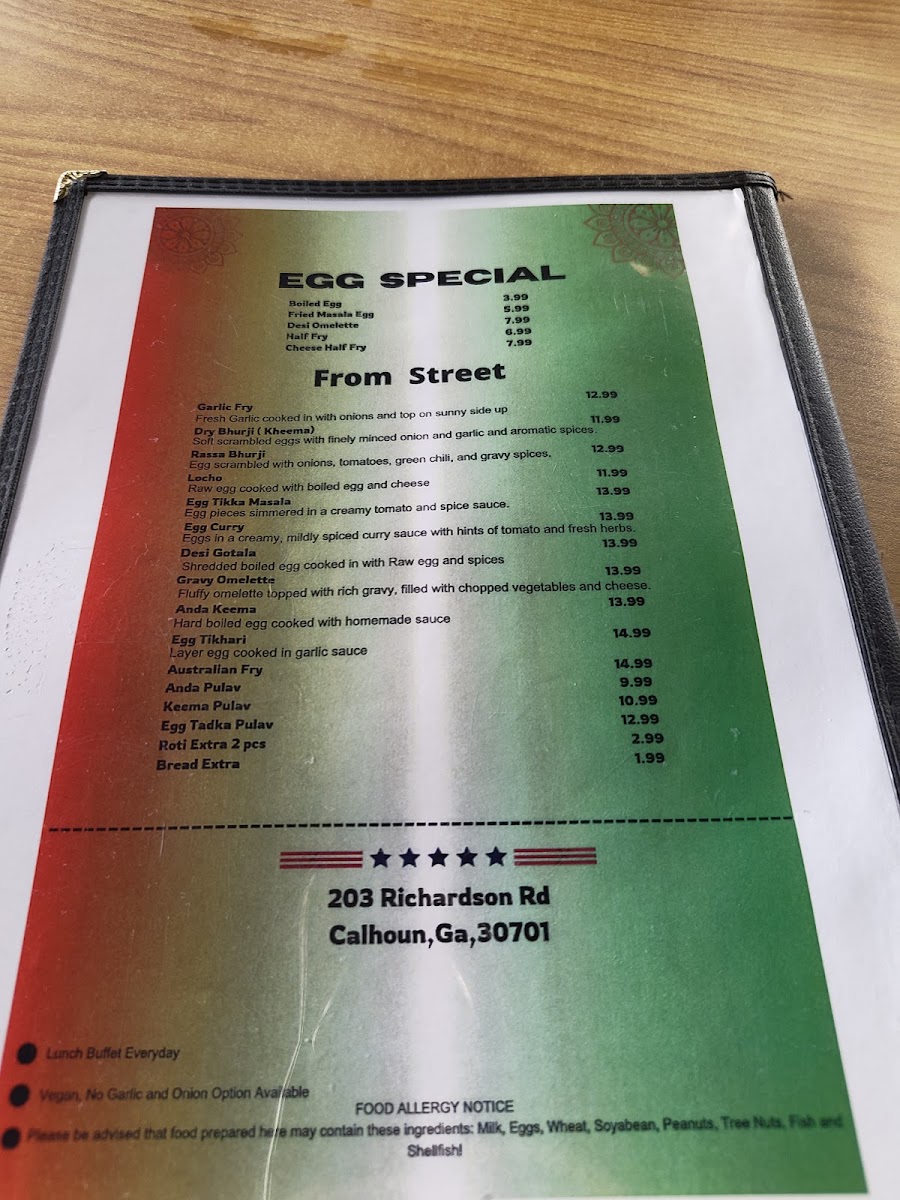 Aneri Indian Restaurant menu board